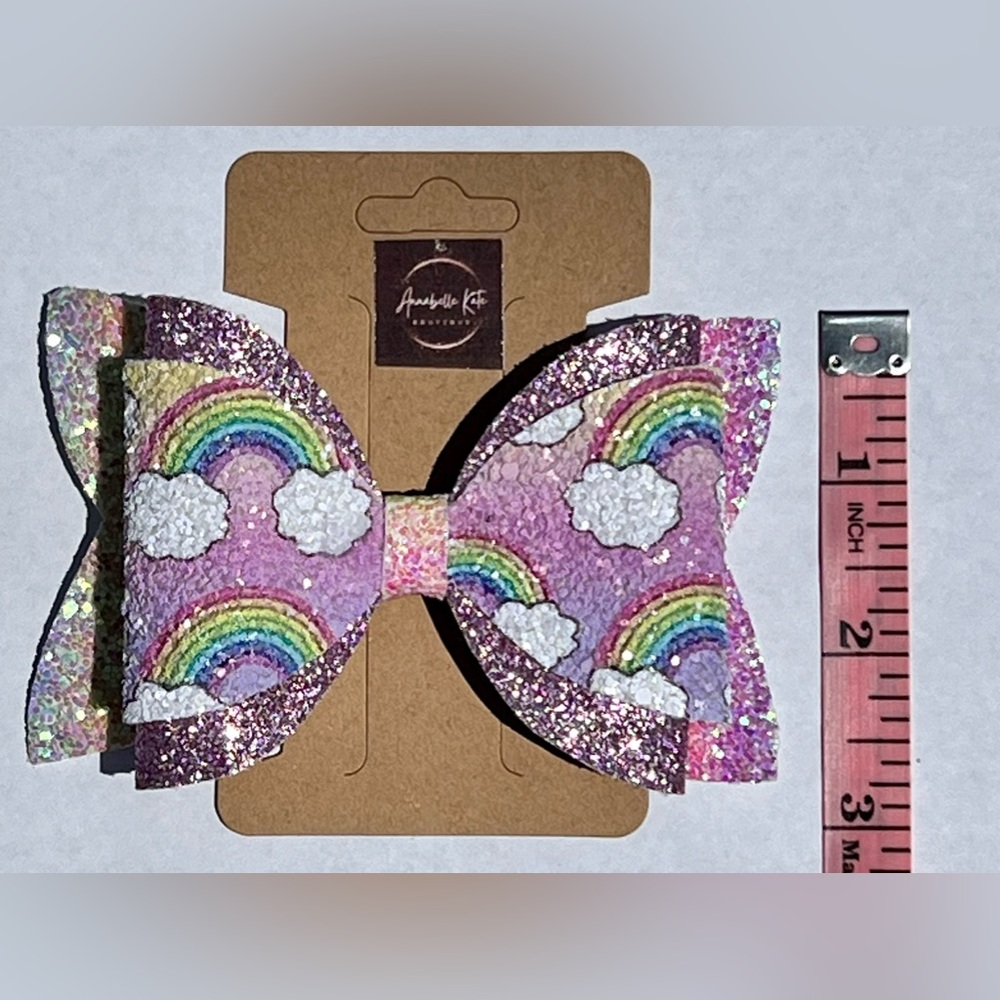 Boutique Custom Made Faux Leather Rainbow Print with Pink Glitter Hair Bow - Picture 5 of 6